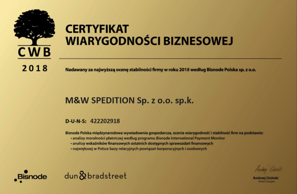 Certyfikat Wiarygodności Biznesowej M&W Spedition PL